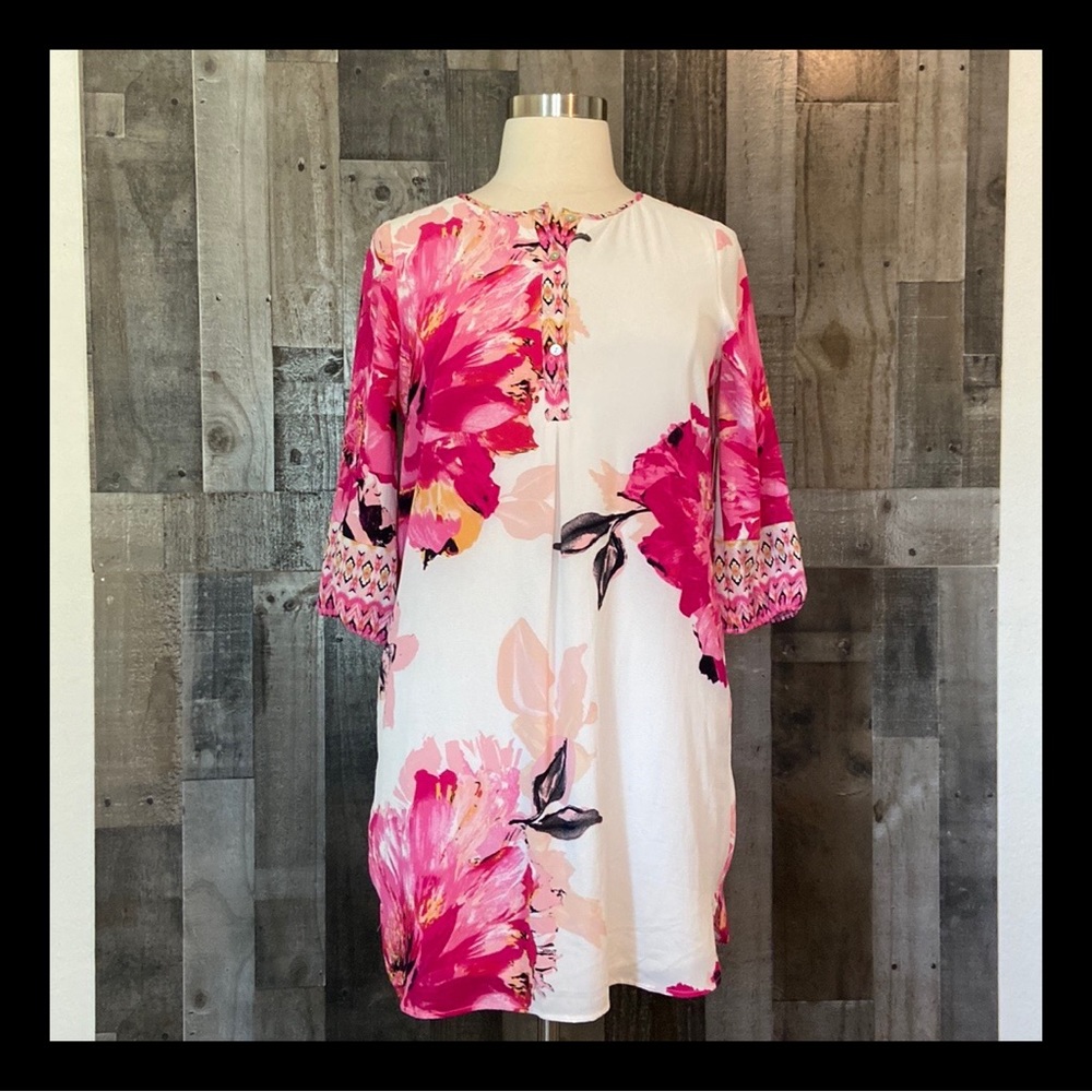 Anthropologie White Tunic Dress with Pink Floral Print